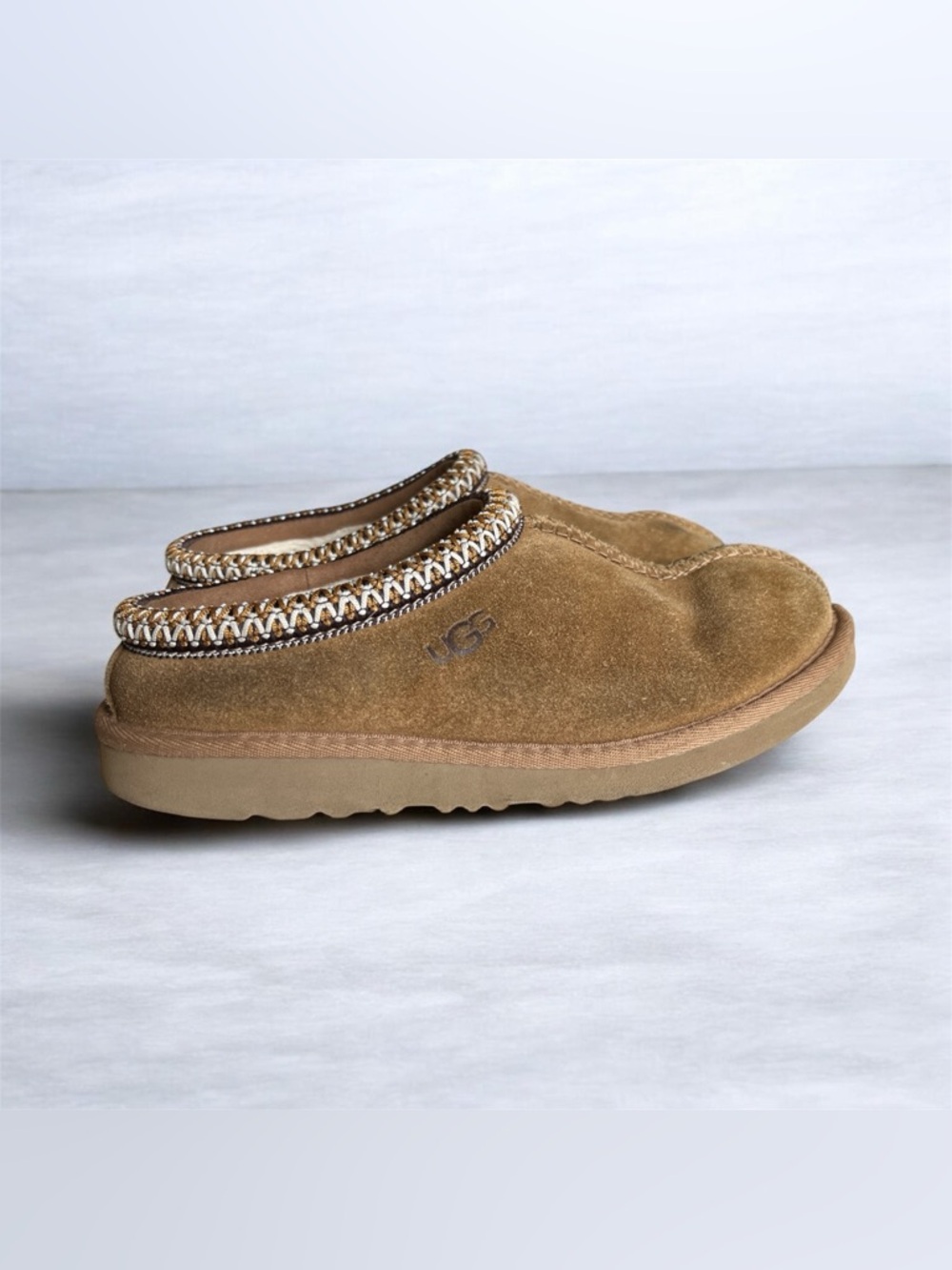 UGG Chestnut Brown Suede Mule with Braided Trim